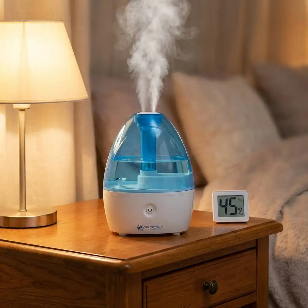 PureGuardian humidifier releasing a clean mist plume on a wooden nightstand next to a lamp and a hygrometer reading 45% humidity.