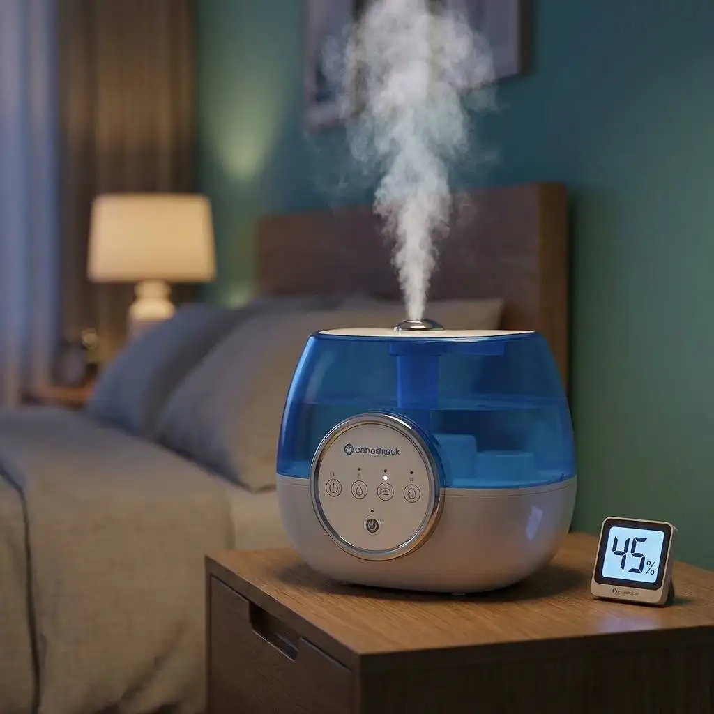 Humidifier emitting a steady mist on a bedroom nightstand next to a digital hygrometer reading 45%.