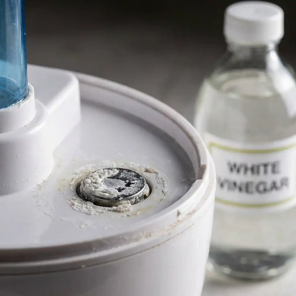 Mineral scale buildup on a humidifier's ultrasonic metal disk with a blurred bottle of white vinegar in the background.