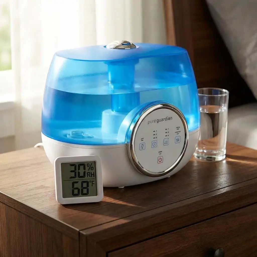Translucent blue humidifier on a dark wooden nightstand next to a digital hygrometer reading 30% and a glass of water in soft morning light. Translucent blue humidifier on a dark wooden nightstand next to a digital hygrometer reading 30% and a glass of water in soft morning light.