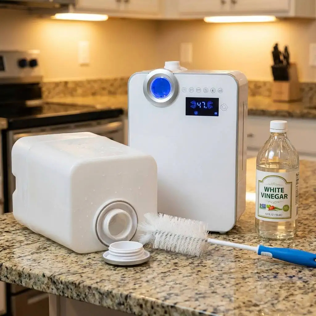 Disassembled unit components on a kitchen counter with white vinegar and a bottle brush illustrate the deep cleaning process. Disassembled unit components on a kitchen counter with white vinegar and a bottle brush illustrate the deep cleaning process.