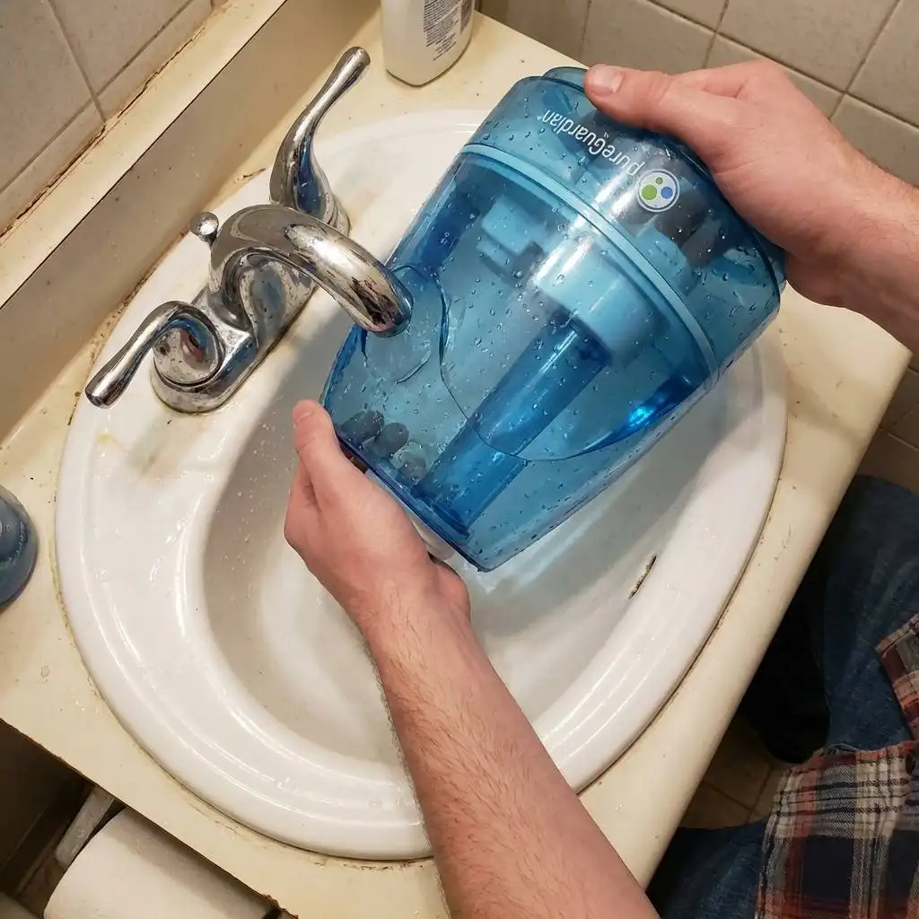 A glacier blue PureGuardian tank is positioned under a low chrome bathroom faucet in a white porcelain sink for refilling. A glacier blue PureGuardian tank is positioned under a low chrome bathroom faucet in a white porcelain sink for refilling.