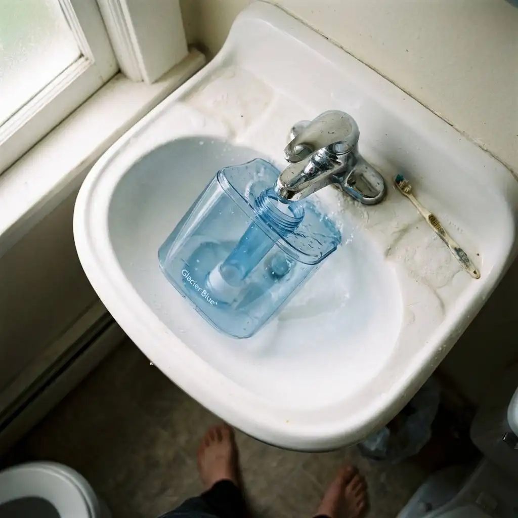 A translucent Glacier Blue tank is tilted awkwardly under a chrome faucet inside a small white porcelain bathroom sink.