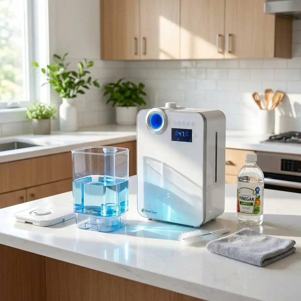 Disassembled SilverClean humidifier on a sunlit kitchen counter with white vinegar, a cleaning brush, and a microfiber cloth for maintenance.