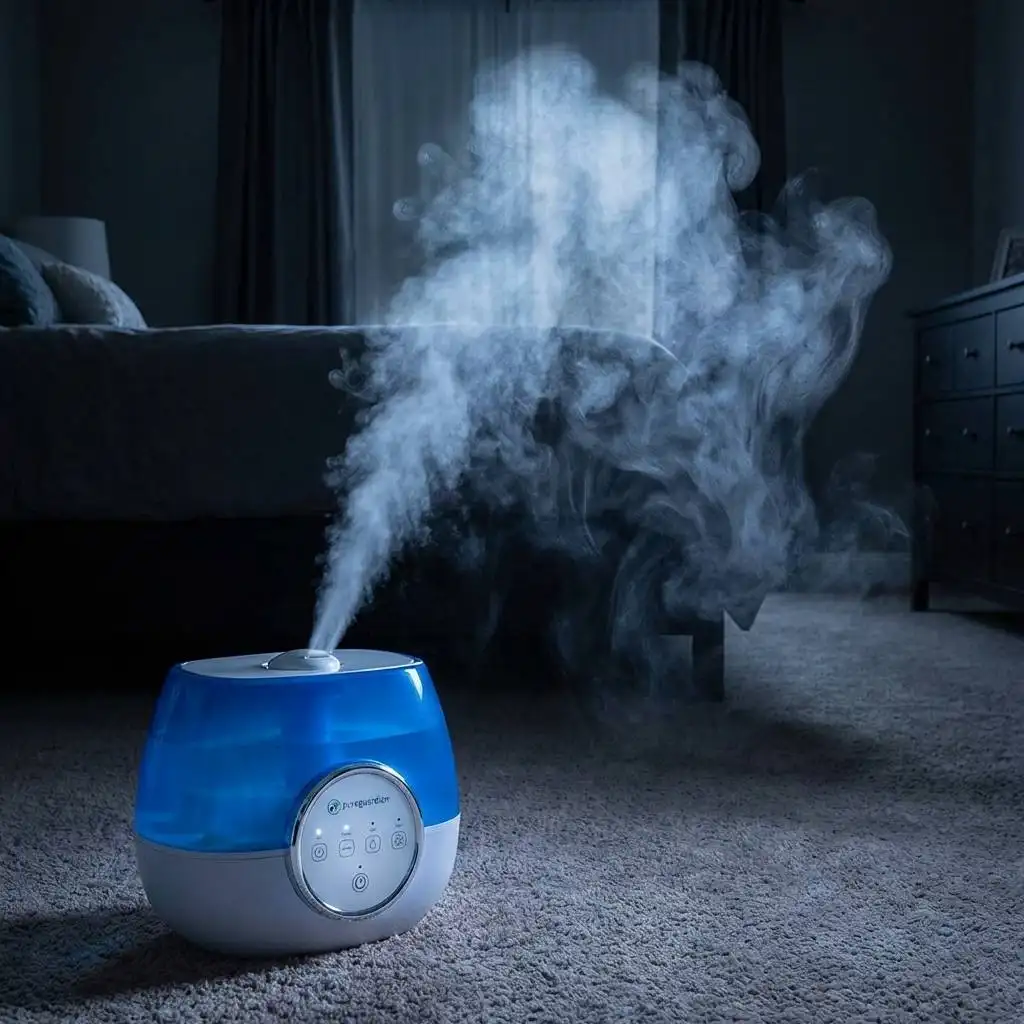 PureGuardian humidifier emitting a dense plume of textured cool mist in a dimly lit bedroom.