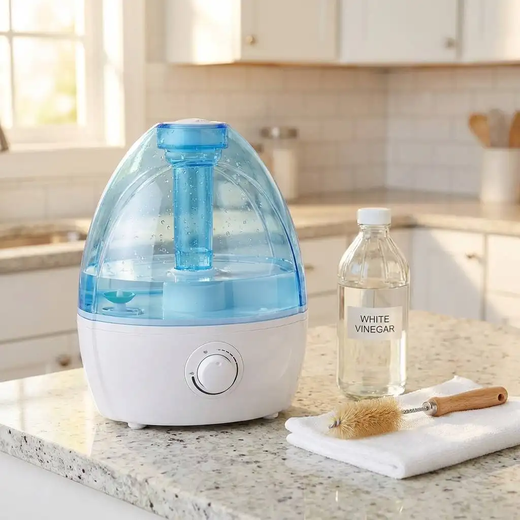 Open humidifier base next to white vinegar and a cleaning brush for maintenance on a bright kitchen counter.