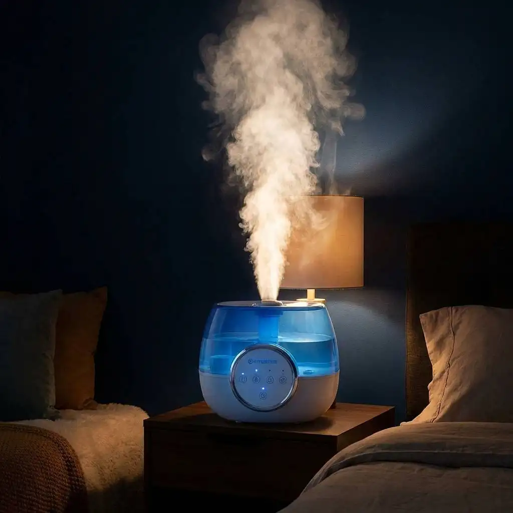 Thick white mist rising from an active humidifier against a dark blue wall in a dimly lit bedroom. Thick white mist rising from an active humidifier against a dark blue wall in a dimly lit bedroom.